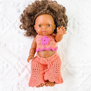 Muñecas Crochet Top y Crochet Retro Flares, Minikane de 34cm, Paola Reina Gordi de 34cm, Ropa miniland dolls de 38cm - Coral