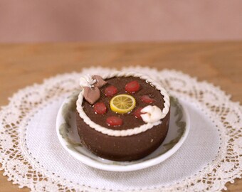 Chocolate cake with hand painted ceramic dish , scale 1:12. Making handmade and hand painted.