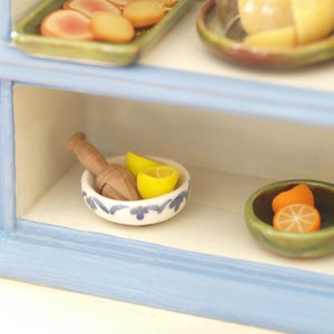 Ceramic bowl with oranges or lemons and juicer wooden, miniature scale 1:12. Making handmade . image 1