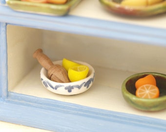 Ceramic bowl with oranges or lemons and juicer wooden, miniature scale 1:12. Making handmade .