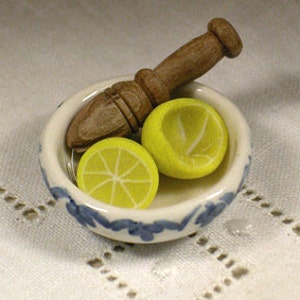 Ceramic bowl with oranges or lemons and juicer wooden, miniature scale 1:12. Making handmade . image 5