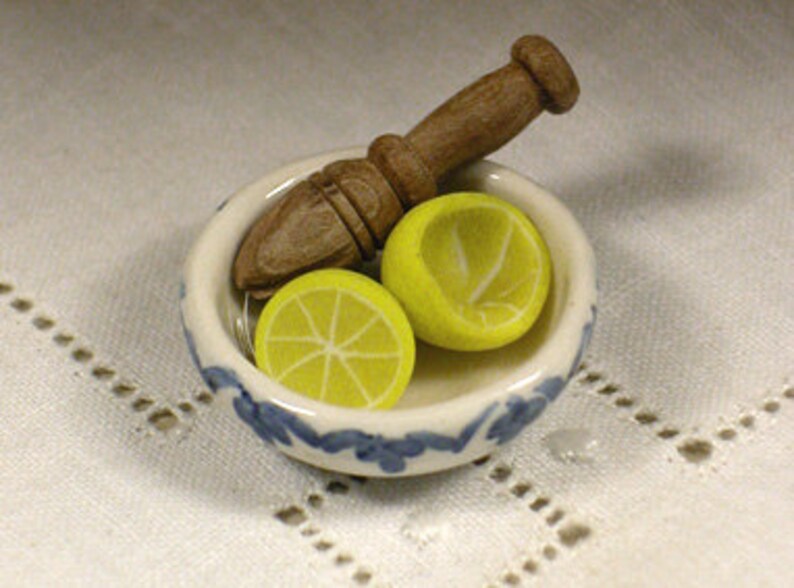 Ceramic bowl with oranges or lemons and juicer wooden, miniature scale 1:12. Making handmade . image 5