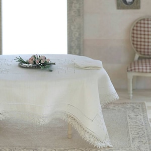 Luxury hand embroidered linen tablecloth with 6 matching sets napkins. Dollhouse lignerie , miniatures, scale 1:12.