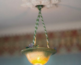 Flower dollhouse celling lamp; blowed glass, and silk cord