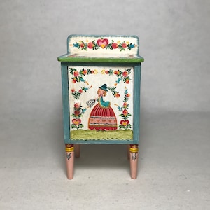 Hand painted miniature beside table . 1:12 scale reproduction of a chest of drawers by the American artist Peter Hunt.