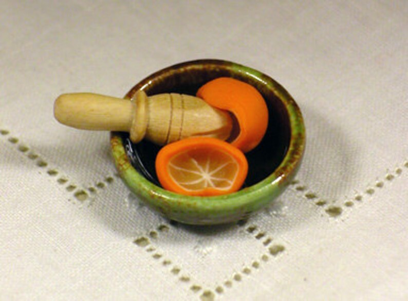 Ceramic bowl with oranges or lemons and juicer wooden, miniature scale 1:12. Making handmade . image 4