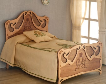 Art Nouveau double bed for bedroom furniture, scale 1:12. Handmade.
