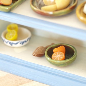 Ceramic bowl with oranges or lemons and juicer wooden, miniature scale 1:12. Making handmade . image 3