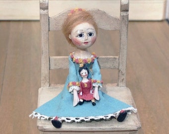 Doll Qeen Anne sitting with mini doll.1:12 scale. 38mm high