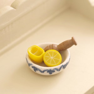 Ceramic bowl with oranges or lemons and juicer wooden, miniature scale 1:12. Making handmade . image 2