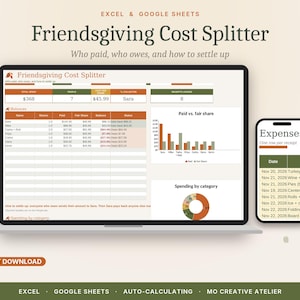 Friendsgiving Cost Splitter, Group Expense Split Spreadsheet, Who Owes Who Party Bill Splitter, Google Sheets & Excel Template