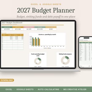 2027 Budget Planner Spreadsheet, Monthly Budget, Sinking Funds & Debt Snowball Tracker, Google Sheets, and Excel Family Budget Template