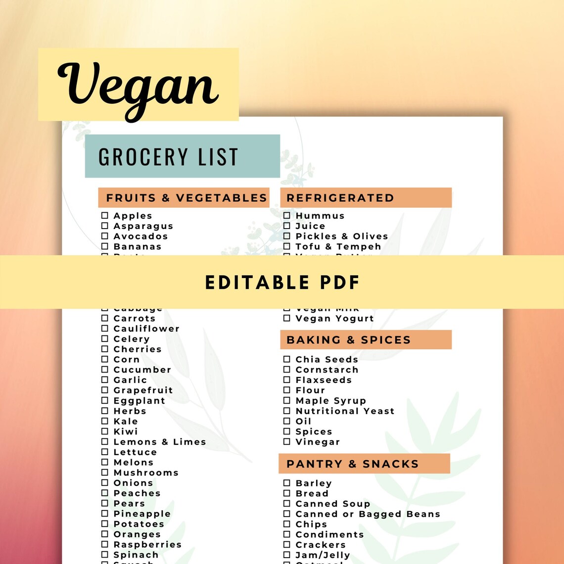 Vegan Printable Grocery List - Plant Based Grocery List - Editable ...