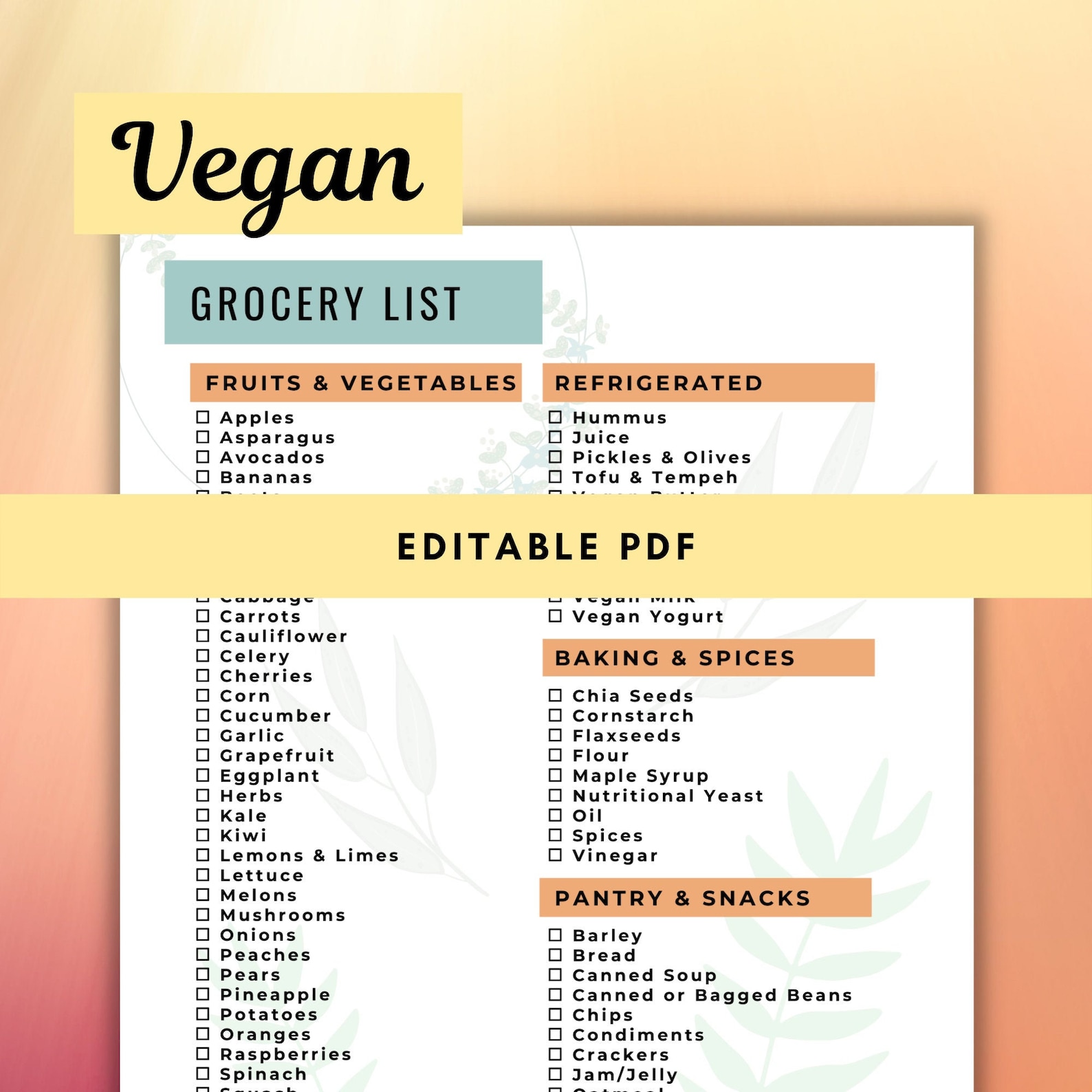 Vegan Printable Grocery List Plant Based Grocery List Editable Meal ...