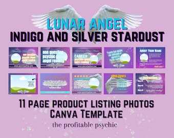 LUNAR ANGEL Indigo and Silver Stardust Themed Product Listing Photos Etsy Template for Canva for Professional Psychic Tarot Card Readers