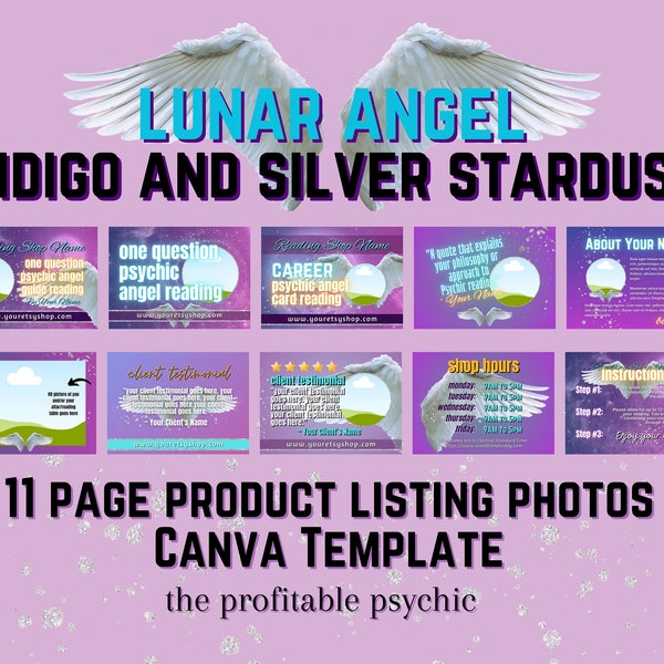 LUNAR ANGEL Indigo and Silver Stardust Themed Product Listing Photos Etsy Template for Canva for Professional Psychic Tarot Card Readers