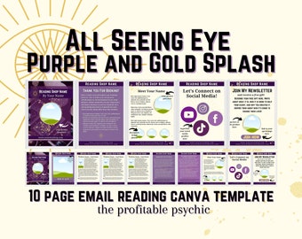 ALL SEEING EYE Purple and Gold Splash Tarot and Oracle Card Reading Etsy Template for Canva for Professional Psychic Tarot Card Readers