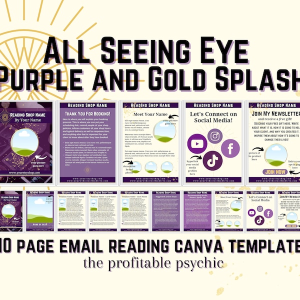 ALL SEEING EYE Purple and Gold Splash Tarot and Oracle Card Reading Etsy Template for Canva for Professional Psychic Tarot Card Readers