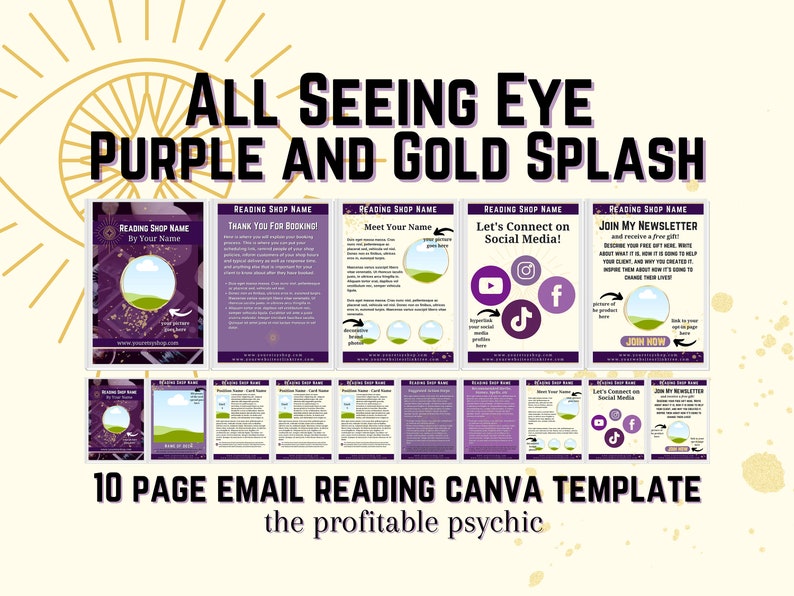 ALL SEEING EYE Purple and Gold Splash Tarot and Oracle Card Reading Etsy Template for Canva for Professional Psychic Tarot Card Readers image 1