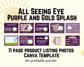 ALL SEEING EYE Purple and Gold Splash Product Listing Photos Etsy Template for Canva for Professional Psychic Tarot Card Readers