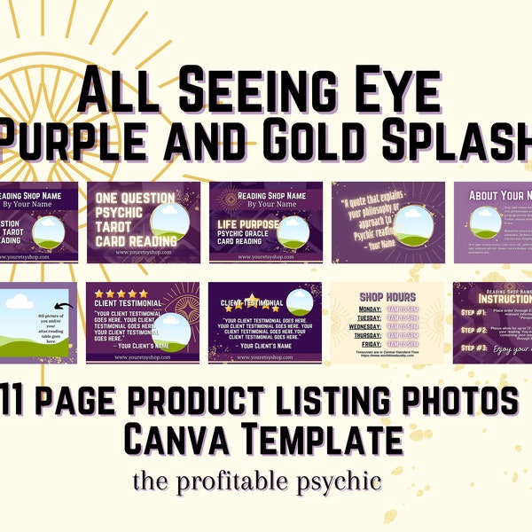 ALL SEEING EYE Purple and Gold Splash Product Listing Photos Etsy Template for Canva for Professional Psychic Tarot Card Readers