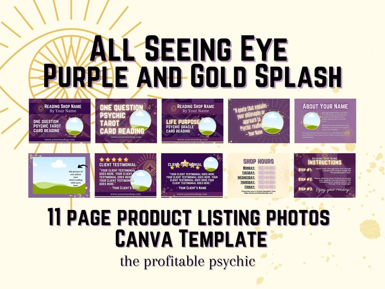 ALL SEEING EYE Purple and Gold Splash Product Listing Photos Etsy Template for Canva for Professional Psychic Tarot Card Readers image 1