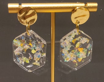 Clear Sparkly Hexagon Resin Earrings