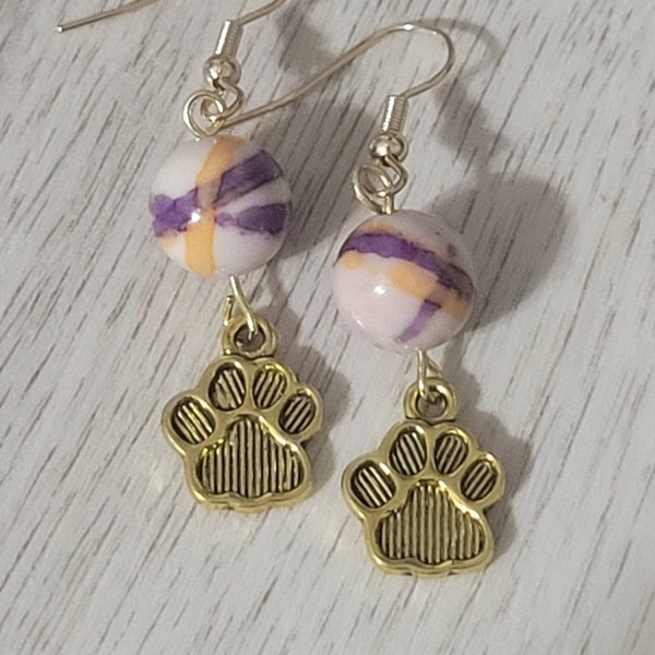 Purple and Gold Tiger Paw Earrings