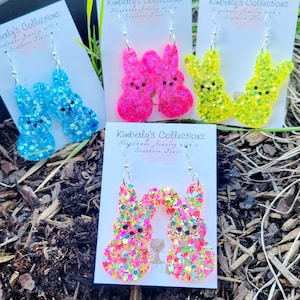 Pendientes de Pascua: Conejito de resina brillante, ganchos de acero inoxidable