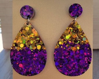 Purple and Gold Glitter Resin Earrings