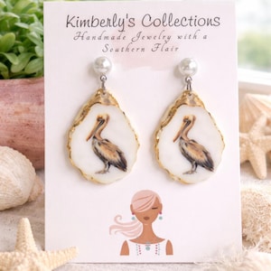 Pelican Oyster Shell Earrings, Coastal Bird Jewelry, Acrylic Dangle Earrings, Faux Pearl Studs, Beachy Southern Style Gift