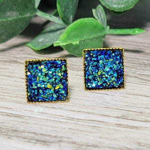 Square Druzy Earrings Sparkly Square Studs Faux Drusy New 