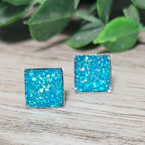 Turquoise Faux Druzy Square Studs