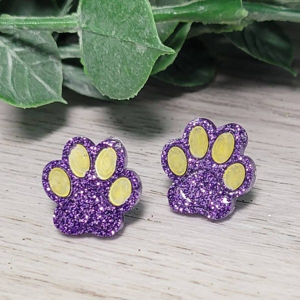 Purple and Gold Paw Print Studs