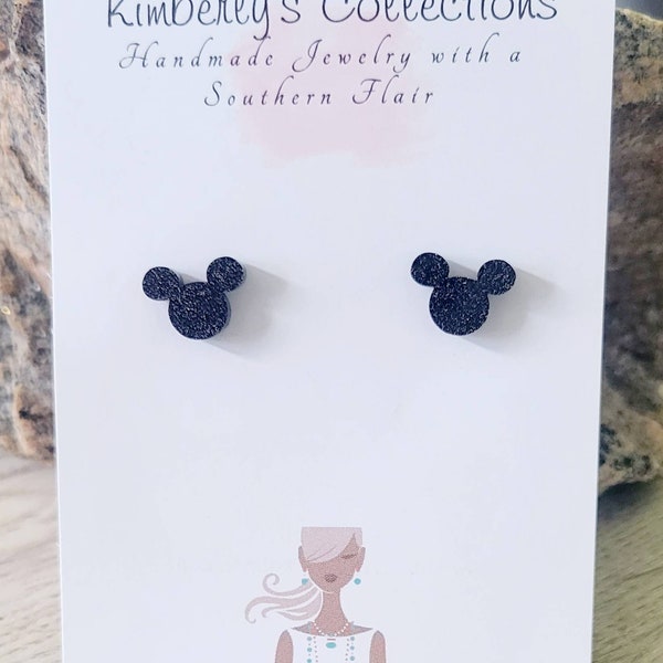 Petite Black Glitter Mouse Studs