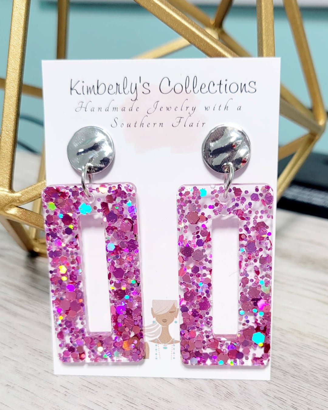 Rhianna's Earrings - Resin Square Dangle - Pink Confetti