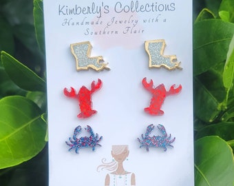 Louisiana Stud Earring Set: Crab, Crawfish, State Trio