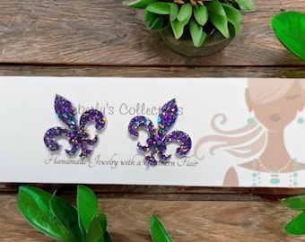 Purple Glitter Fleur de lis Earrings