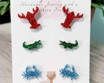 Southern Stud Earring Set: Glitter Crab, Crawfish, Alligator