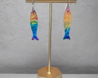 Rainbow Acrylic Fish Earrings – Lightweight Colorful Dangle Earrings – Stainless Steel Hooks – 2" Drop – Gift for Fishing Lovers – Free Ship