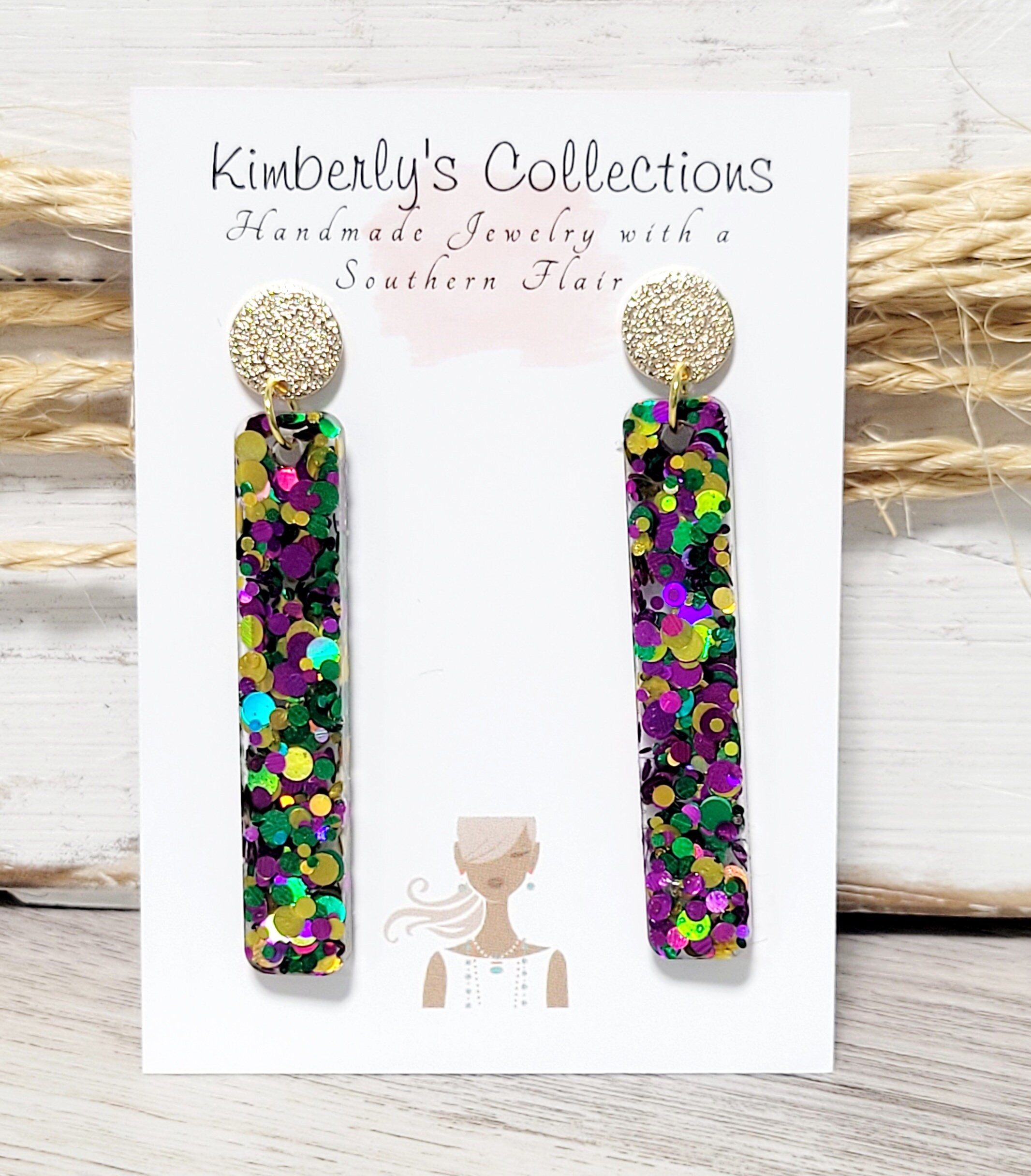 Sparkly Rectangle Mardi Gras Earrings