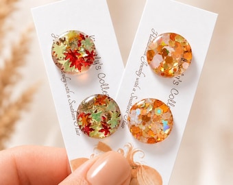 Fall Resin Stud Earrings | 12mm Autumn Glitter Earrings | Leaf Confetti Studs | Stainless Steel or Plastic Posts