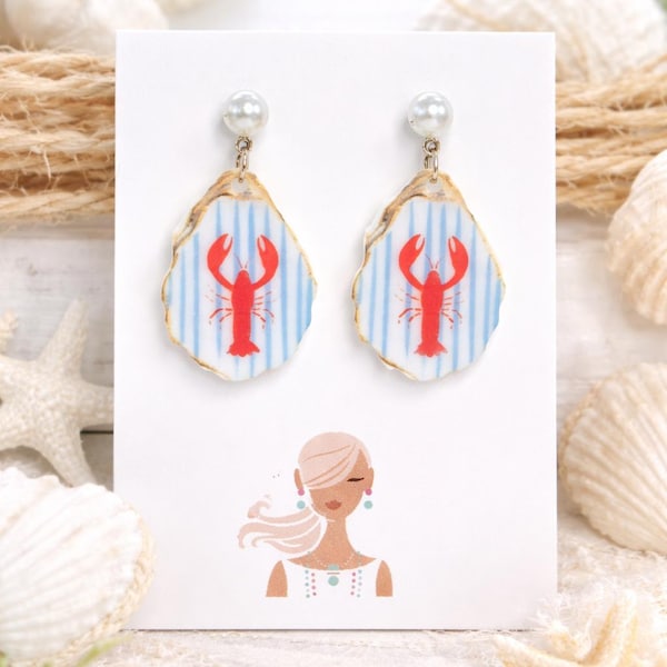 Oyster Shell Inspired Crawfish Earrings, Coastal Louisiana Jewelry, Acrylic Dangle Earrings, Faux Pearl Studs, Crawfish Design