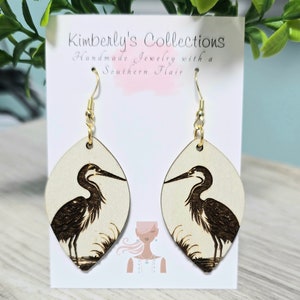 Laser Engraved Wood Heron Earrings