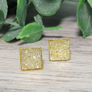 Gold Sparkly Faux Druzy Square Studs