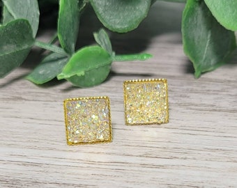 Gold Sparkly Faux Druzy Square Studs