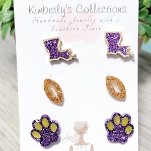 Purple and Gold Glitter Stud Set: Football, Paw Print, Louisiana