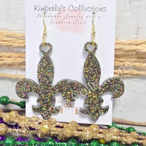 Oversized Mardi Gras Fleur-de-lis Earrings.