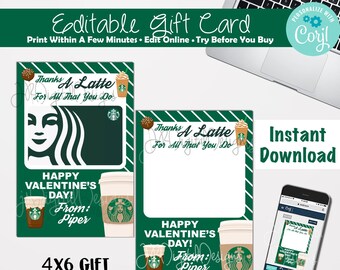 Teachers Valentine's Cards Coffee Giftcard Valentine Cards for teachers Valentine's Giftcard valentines teachers gifts printable download