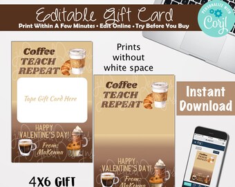 Coffee Giftcard Teachers Valentine's Cards valentines teachers gifts Valentine Cards for teachers Valentine's Gift card printable download